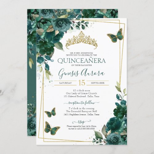 Quinceaera Butterfly Emerald Green Elegant Invitation