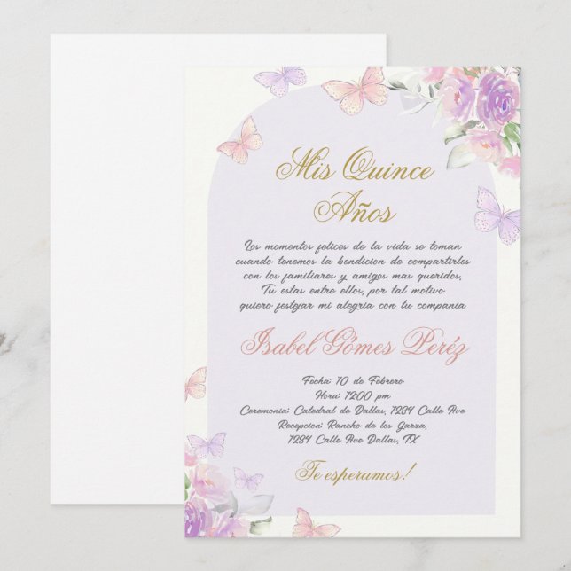 Quinceanera butterfly invitation in Spanish (Front/Back)