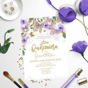 Quinceañera Invitation Template 5x7 Purple Lilac Lavender Wisteria  Butterfly Floral Spanish English Editable Customizable Español 