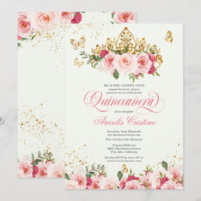 Quinceañera Butterfly Mint & Pink Watercolor Rose Invitation (Front/Back)