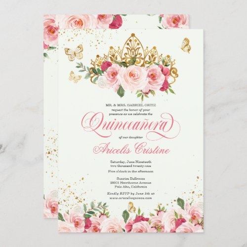 Quinceaera Butterfly Mint  Pink Watercolor Rose Invitation