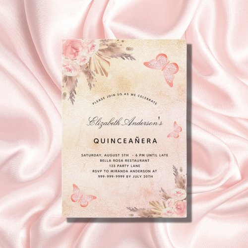Quinceanera butterfly pampas grass blush invitation