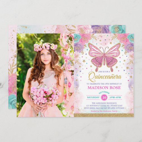 Quinceaera Butterfly Pink Purple Teal Birthday Invitation