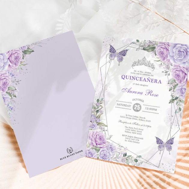 QuinceaÃ±era Butterfly Purple Lilac Silver Floral Invitation