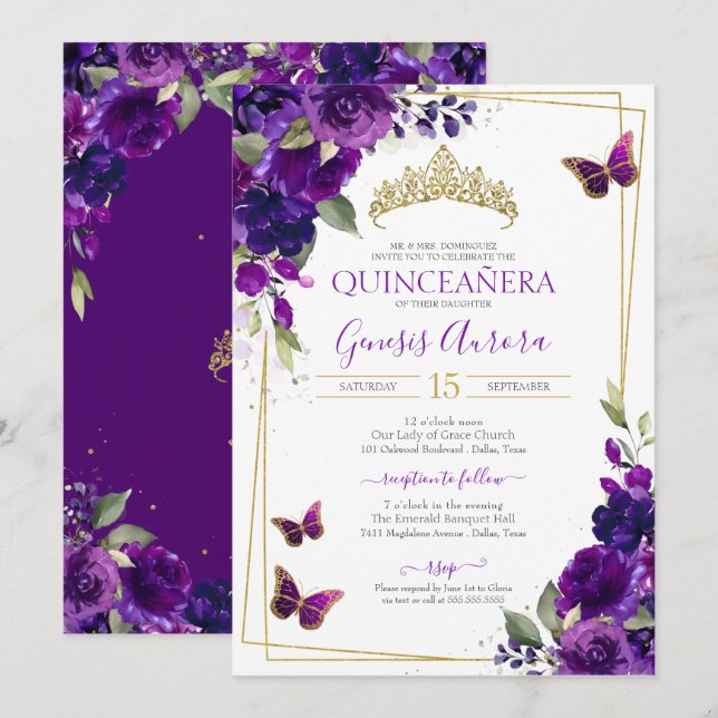 Quinceañera Butterfly Purple Watercolor Floral  Invitation (Front/Back)