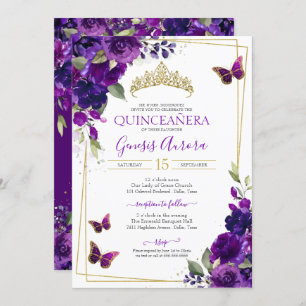 Quinceañera Butterfly Purple Watercolor Floral Invitation