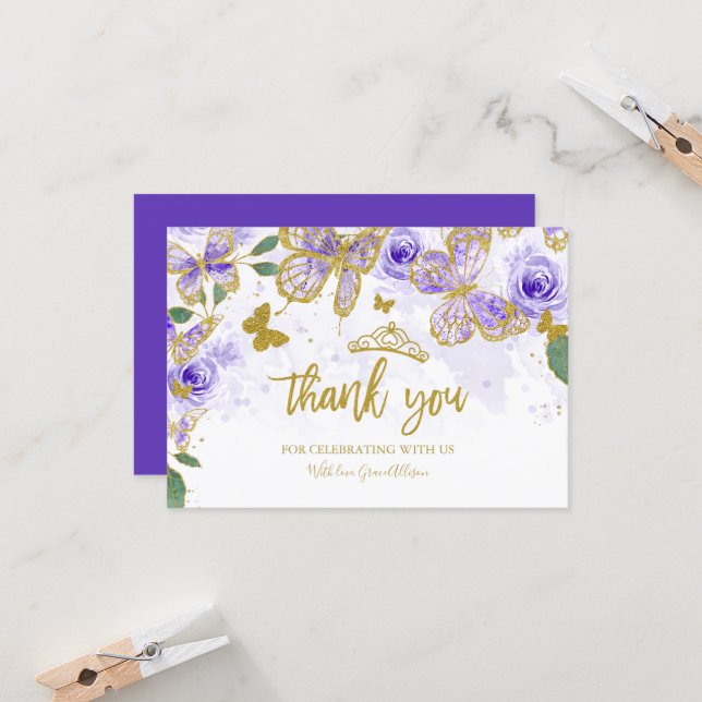 Quinceanera Butterfly Thank You Cards (Front/Back In Situ)