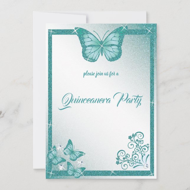 quinceanera butterfly turquoise glitter elegant invitation (Front)