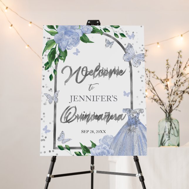 Quinceanera Butterflys Dusty Blue Welcome Sign (In Situ (Stand))