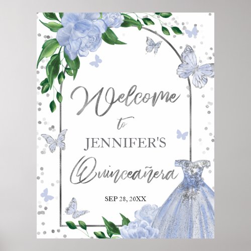 Quinceanera Butterflys Dusty Blue Welcome Sign