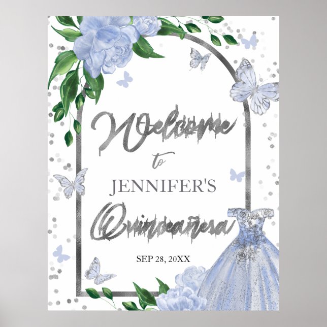 Quinceanera Butterflys Dusty Blue Welcome Sign (Front)