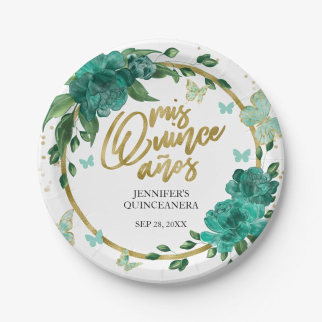 Quinceanera Butterflys Emerald Green Gown Paper Plates (Front)