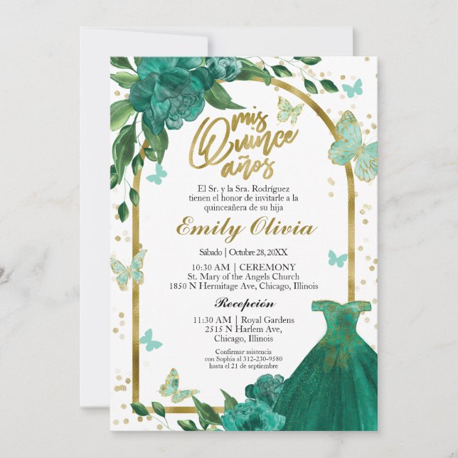 Quinceanera Butterflys Emerald Green Gown Spanish Invitation (Front)