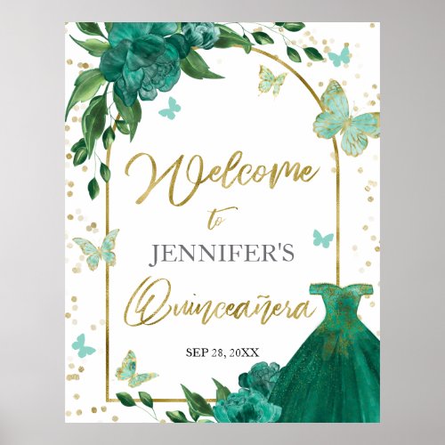 Quinceanera Butterflys Emerald Green Welcome Sign