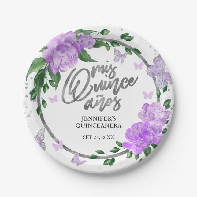 Quinceanera Butterflys Lavender Gown Paper Plates (Front)