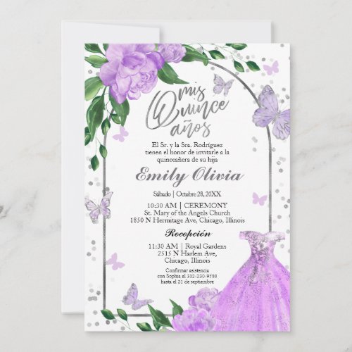 Quinceanera Butterflys Lavender Gown Spanish Invitation