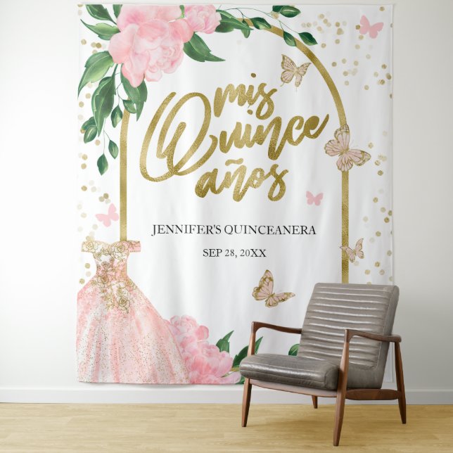 Quinceanera Butterflys Pink Blush Gown Backdrop (In Situ)
