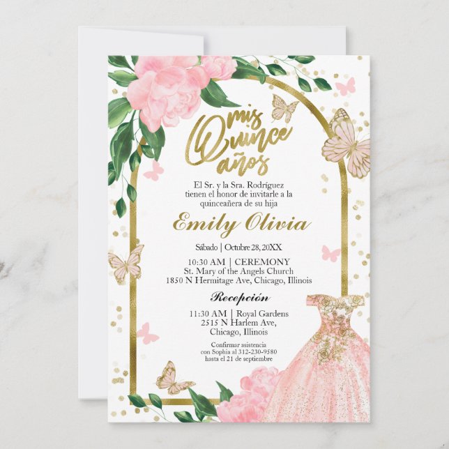 Quinceanera Butterflys Pink Blush Gown Spanish Invitation (Front)