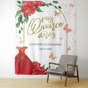 Quinceanera Butterflys Red Gown Backdrop