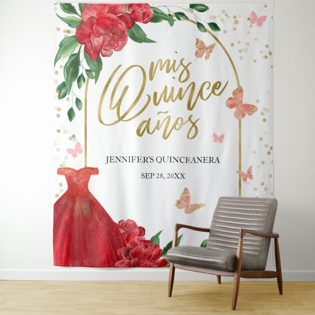Quinceanera Butterflys Red Gown Backdrop (In Situ)