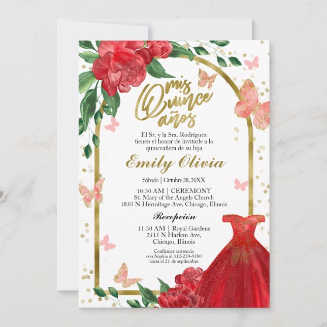 Quinceanera Butterflys Red Gown Spanish Invitation (Front)