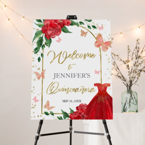 Quinceanera Butterflys Red Gown Welcome Sign