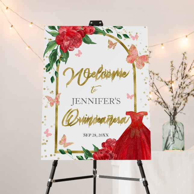 Quinceanera Butterflys Red Gown Welcome Sign (In Situ (Stand))
