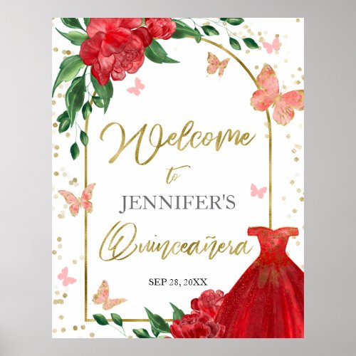 Quinceanera Butterflys Red Gown Welcome Sign