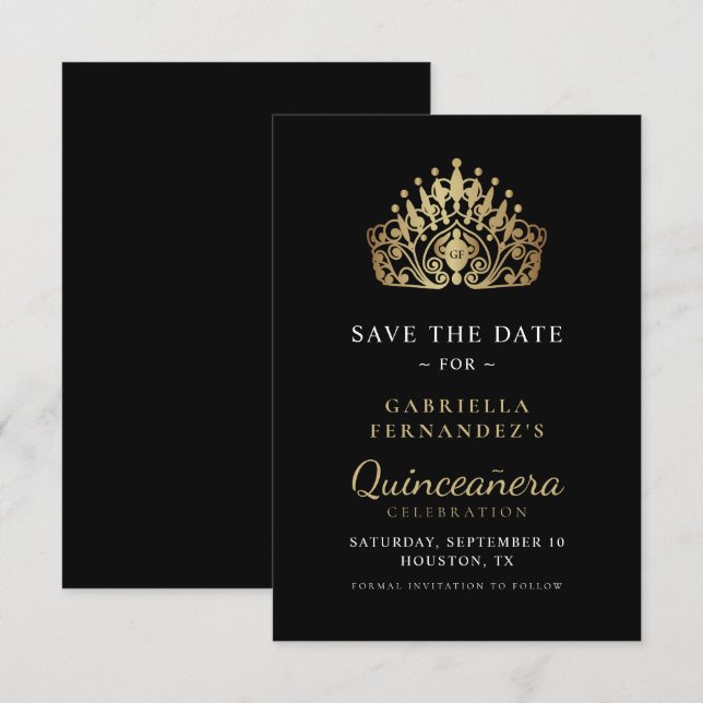 Quinceañera Calligraphy Gold Princess Tiara Crown  Save The Date (Front/Back)
