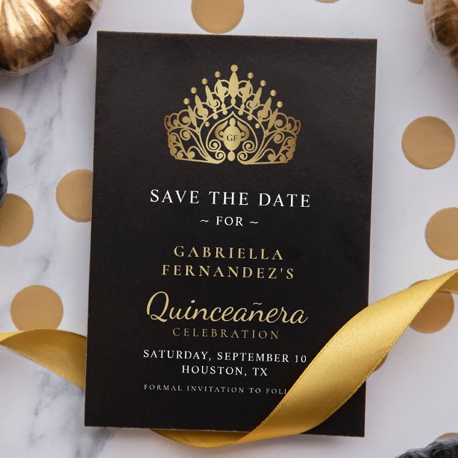 Quinceañera Calligraphy Gold Princess Tiara Crown  Save The Date (Creator Uploaded)