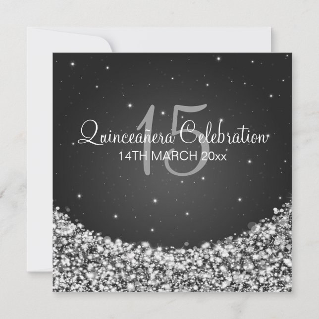Quinceañera Celebration Party Star Sparkle Black Invitation (Front)