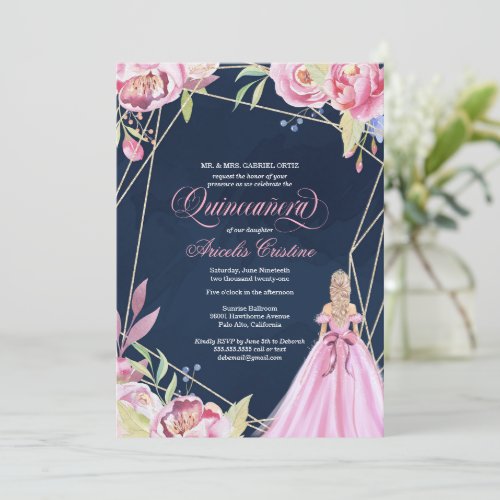 Quinceanera celebration pink and navy blue  gown  invitation