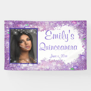 Quinceanera Celebration, Pink Glitter Gems Sparkle Banner