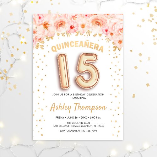 Quinceanera Celebration _ Pink Gold Balloons Invitation