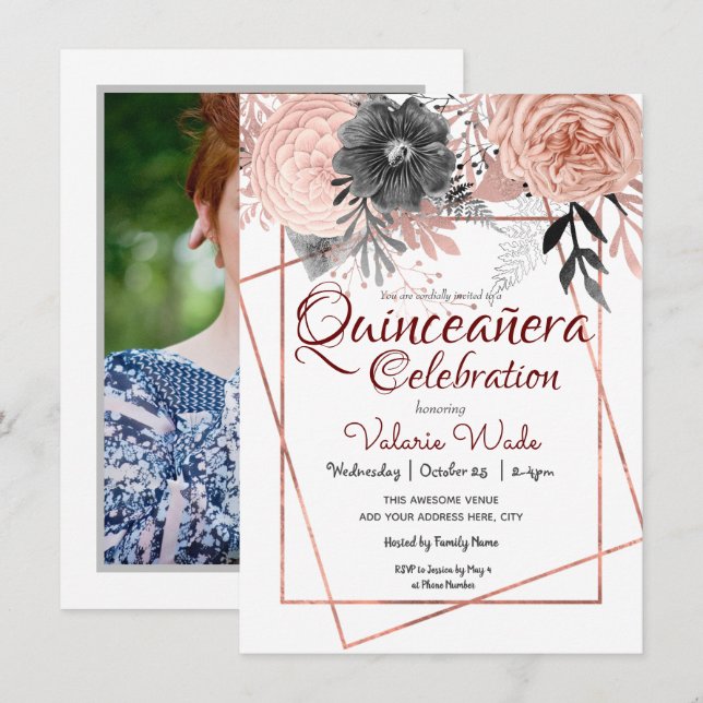 Quinceañera Celebration Pink Roses Floral Invitation (Front/Back)