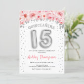 Quinceanera Celebration - Pink Silver Balloons Invitation (Standing Front)