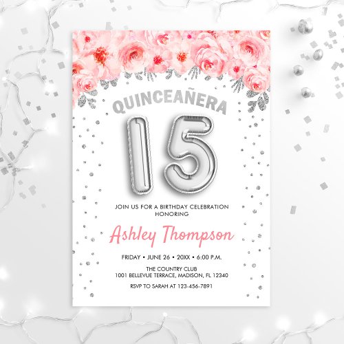 Quinceanera Celebration _ Pink Silver Balloons Invitation