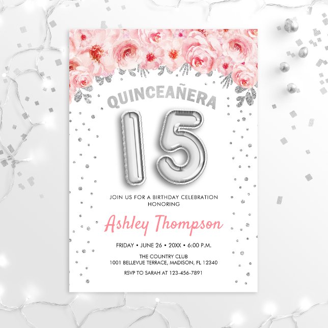 Quinceanera Celebration - Pink Silver Balloons Invitation