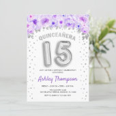 Quinceanera Celebration - Purple Silver Balloons Invitation (Standing Front)