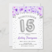 Quinceanera Celebration - Purple Silver Balloons Invitation (Front)