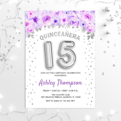 Quinceanera Celebration _ Purple Silver Balloons Invitation