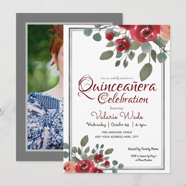 Quinceañera Celebration Watercolor Roses Floral Invitation (Front/Back)