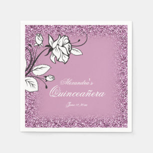 Quinceañera Celebration White Roses Purple Glitter Napkins