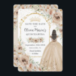 Quinceañera  Champagne Beige Cream Floral Princess Save The Date<br><div class="desc">Personalize this elegant champagne floral Quinceañera / Sweet 16 birthday save the date easily and quickly. Simply click the customize it further button to edit the texts, change fonts and fonts colors. Featuring beautiful watercolor champagne flowers, a girl dressed in a lovely champagne ball gown and a gold princess crown....</div>