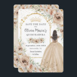 Quinceañera  Champagne Beige Cream Floral Princess Save The Date<br><div class="desc">Personalize this elegant champagne floral Quinceañera / Sweet 16 birthday save the date easily and quickly. Simply click the customize it further button to edit the texts, change fonts and fonts colors. Featuring beautiful watercolor champagne flowers, a girl dressed in a lovely champagne ball gown and a gold princess crown....</div>