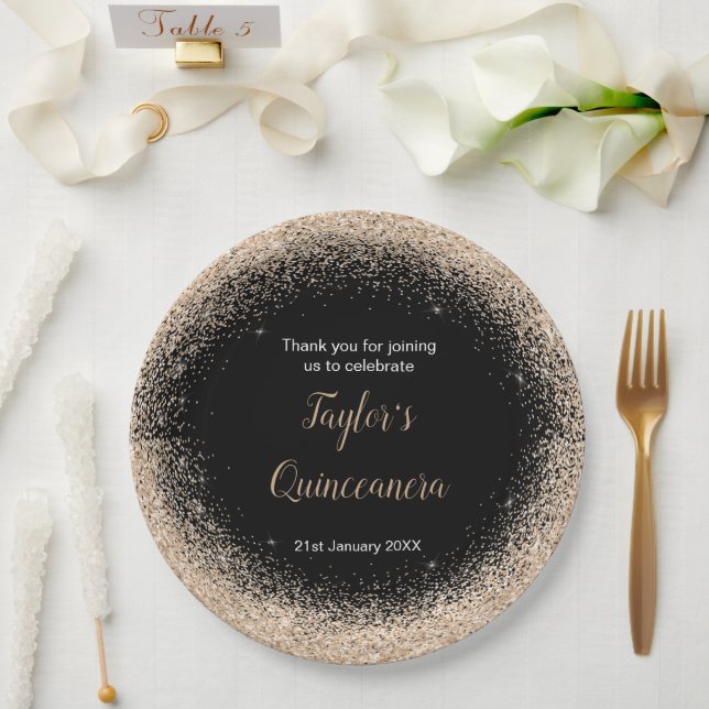 Quinceanera Champagne Faux Glitter Paper Plates (Wedding)