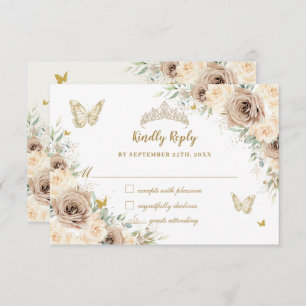 Quinceañera Champagne Gold Floral Butterflies RSVP Card