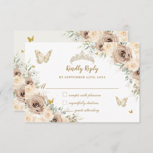 Quinceaera Champagne Gold Floral Butterflies RSVP Card