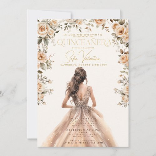Quinceaera Champagne Gold Floral Gown Princess Invitation