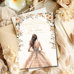 Quinceañera Champagne Gold Floral Gown Princess Invitation